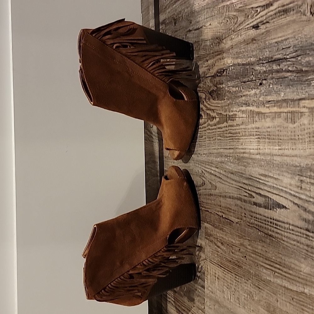 Brown Faux Suede Bootie With Fringe - image 2